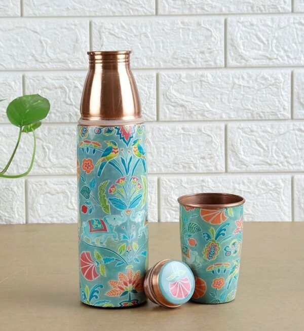 Copper Water Bottle with Glass | Turkish Blue | 950 ml - Image 2