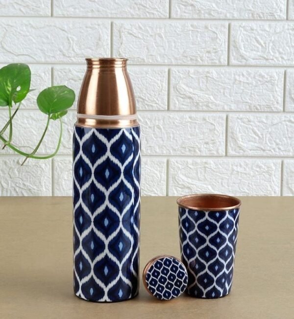 Copper Water Bottle with Glass | Blue | 950 ml - Image 2