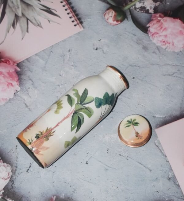 Copper Water Bottle | White & Palm Tree  Print | 500 ml - Image 3