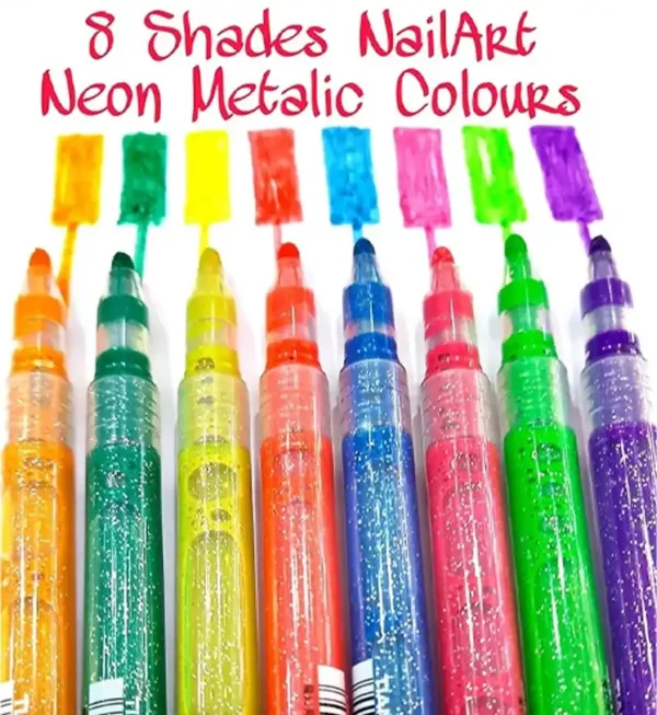Nail Art Painted Pen Drawing Graffiti Dotting Pen DIY | Metallic/Glitter Liquid Nail Paint Pen (Set of 8 Pcs) - Image 2
