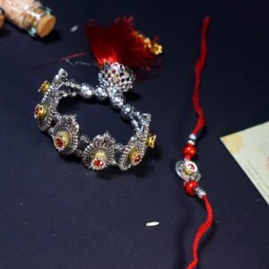 Silver Black With Red Thread Bhaiya Bhabhi Rakhi Set