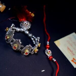 Silver Black With Red Thread Bhaiya Bhabhi Rakhi Set