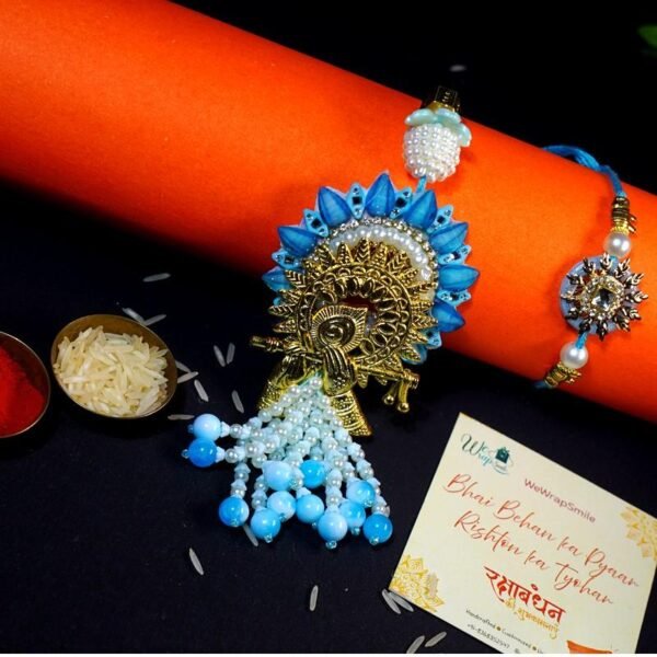 Sky Blue Stone Bhaiya Bhabhi Rakhi Set - Image 2